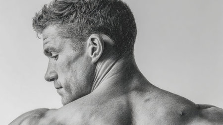 A striking monochrome image capturing a strong man's thoughtful gaze, highlighting intricate skin details and finely styled hair, perfect for mood andの写真素材