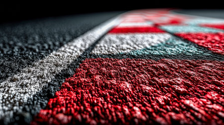 A detailed shot of a gritty racing asphalt with bold red, white, and green lines creating a dynamic, energetic atmosphere perfect for motorsport themeの写真素材