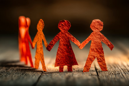 Intricate paper figures connect in unity against a weathered wooden backdrop, symbolizing community, harmony, and togetherness in a craft-inspired styの写真素材