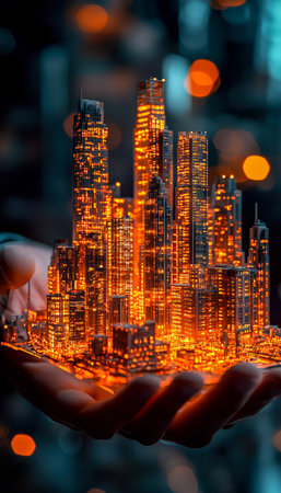 A person cradles a luminous cityscape of towering glass structures emitting vibrant neon lights, symbolizing innovation and urban dreams.の写真素材