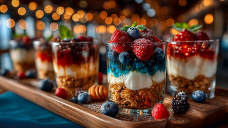 Vibrant, multi-tiered sweet treat with a variety of fruit-topped layers in elegant glass cups, arranged artistically on rustic wooden board.の写真素材
