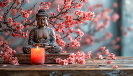 A serene scene featuring a tranquil Buddha form topped with a glowing candle amidst delicate cherry blossoms, evoking harmony and calm for mindful refの写真素材