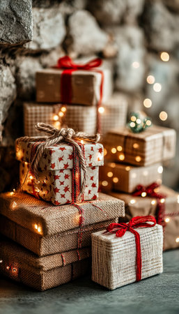 Vibrant wrapped presents shimmer alongside twinkling holiday string lights, set against rustic stonework, creating a warm, cheerful Christmas atmospheの写真素材