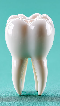 A pristine, bright smile highlights a strong, well-maintained tooth set against a vibrant teal backdrop, exuding freshness and dental health.の写真素材