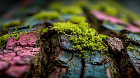 Textured tree surface showing vibrant, weathered paint peeling away amid lush green moss entangled in the crevices.の写真素材