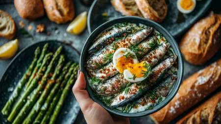 A vibrant seafood platter featuring gleaming sardines with fresh herbs and silky eggs, complemented by crispy toast and tender asparagus on a sleek daの写真素材