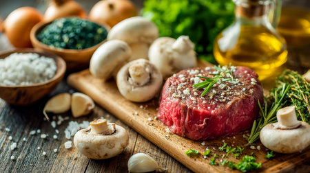Juicy raw beef paired with fresh mushrooms, aromatic garlic, fragrant herbs, sea salt, and golden olive oil on aged wood for rustic charm.の写真素材