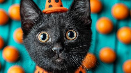 An adorable black kitten sports a festive Halloween hat amid vibrant, playful colors, creating a charming, cheerful mood perfect for seasonal designs.の写真素材
