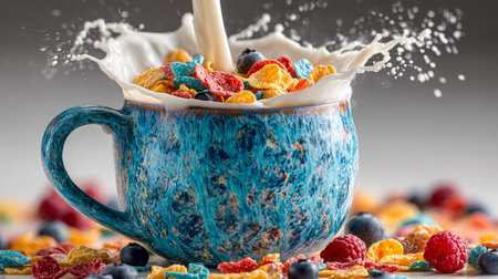 Vibrant cereal spilling milk into a rustic blue mug, accented with fresh berries and crunchy flakes, set against a neutral gray backdrop.の写真素材