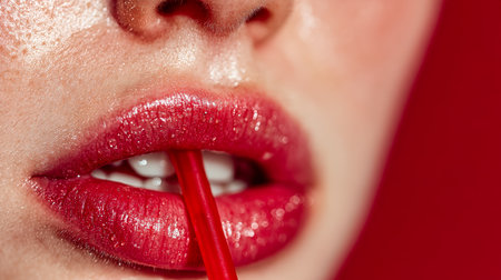 Sensual close-up of vibrant, shiny lips gripping a matching crimson straw, set against a bold red backdrop that exudes glamor and allure.の写真素材