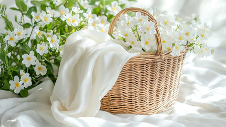 A woven basket filled with delicate white blossoms draped in a gentle white fabric, encircled by lush greenery against a luminous, open backdrop.の写真素材