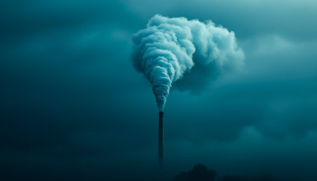 Tall industrial vent spews dark fumes into a hazy sky, creating a moody, atmospheric scene emphasizing air pollution and urban infrastructure.の写真素材