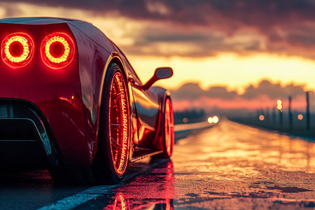 A crimson sports model streaks along a glossy, rain-kissed highway as the sun dips below the horizon, casting a warm glow and enhancing its glowing whの写真素材