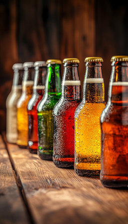 Cold, sparkling drinks in colorful glass containers resting on rustic wood, enhanced by glistening droplets evoking refreshment and summer vibes.の写真素材