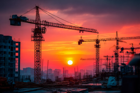 A vibrant evening sky casting warm hues over active urban construction with towering cranes, capturing growth and modernity in progress.の写真素材