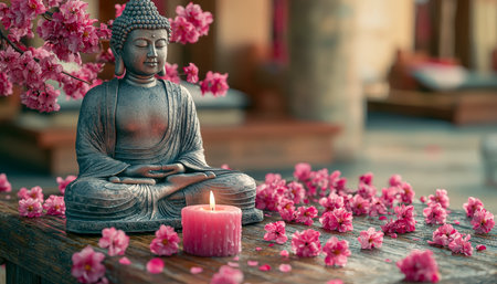 A peaceful Buddha figure nestled among blush-hued blossoms, illuminated by soft candle glow, creating a calming ambiance for mindful reflection.の写真素材