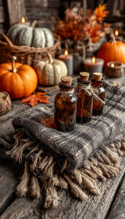 Warm, inviting setting featuring seasonal gourds, glowing candles, and natural herbal treatments arranged on aged wood for a fall-inspired ambiance.の写真素材
