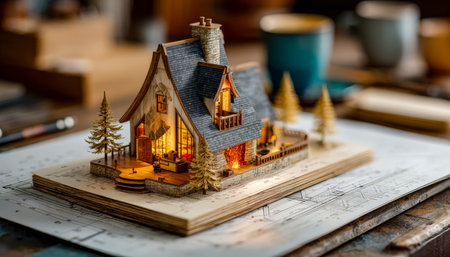 A detailed scale replica of a warm alpine residence sets a charming scene amid architectural plans, with glowing windows contrasting the blueprint bacの写真素材