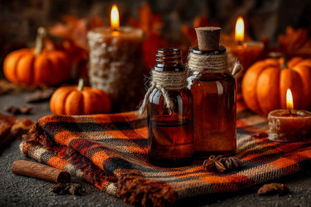 An inviting fall vignette featuring glowing candles, ripe pumpkins, and aromatic essential oils arranged on a soft, woven plaid fabric, radiating warmの写真素材