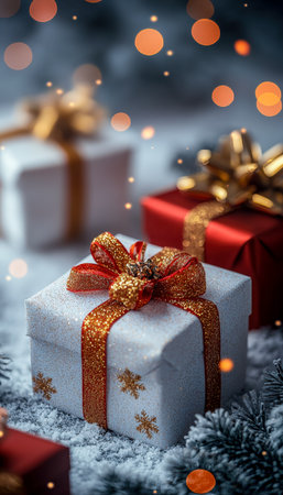 Snow-covered gifts decorated with colorful ribbons and elegant bows glow softly amid twinkling lights, creating a cozy holiday atmosphere.の写真素材