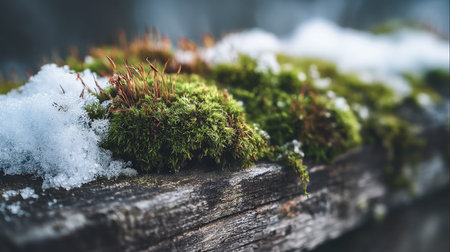 A detailed view of vibrant moss thriving on aged wood, partially covered by icy crystals and snow, showing endurance in winter's embrace.の写真素材