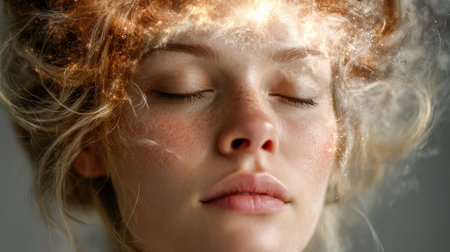 Serenity radiates from a tranquil woman with closed eyes, her hair shimmering with ethereal, luminous cosmos and dreamlike fantasy elements.の写真素材