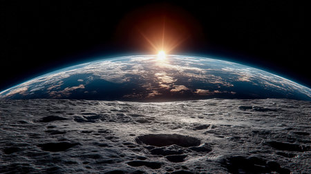 A cosmic vista capturing our planet's curvature illuminated by the dawn glow, with rays spilling over the horizon in a breathtaking celestial scene.の写真素材