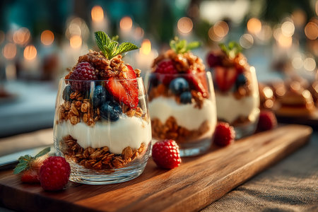 Colorful layers of creamy yogurt, crunchy granola, and juicy berries elegantly arranged on a rustic wooden board, perfect for a healthy breakfast dispの写真素材