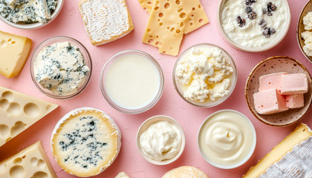 A colorful display of various cheeses, creams, and dairy items artfully positioned on a pastel pink backdrop, exuding freshness and culinary appeal.の写真素材
