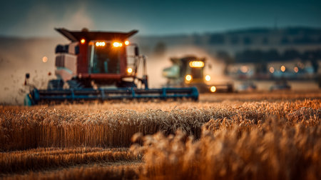 Two sleek harvesters glide through golden wheat under a vibrant sunset sky, capturing the essence of modern agriculture and rural serenity.の写真素材