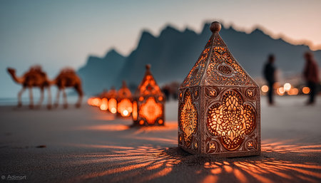 Vibrant, decorative lanterns cast warm light along the shoreline, with majestic camels roaming near rugged mountains at golden dusk.の写真素材