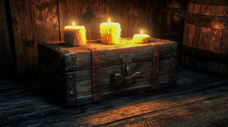 Warm glow from flickering candles illuminates an antique wooden trunk, set in a shadow, rustic space evoking cozy nostalgia and timeless charm.の写真素材