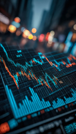 Analysts utilize advanced digital dashboards displaying fluctuating market graphs amid a bustling...