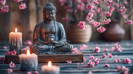 An elegant brass Buddha figure rests among glowing candles and delicate pink cherry blossoms, creating a peaceful, meditative atmosphere.の写真素材