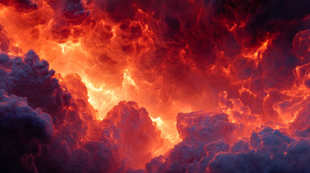 A mesmerizing sunset engulfs the horizon with fiery reds and deep oranges, twisting dark clouds...