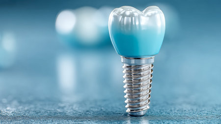 A detailed shot of a dental fixture showing a crown-like tip and threaded base, set against a rough,...