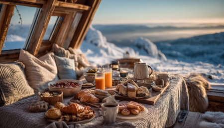A warm breakfast scene with fresh pastries, steaming beverages, and vibrant fruit, framed by snow-capped mountains seen through a rustic cabin window.の写真素材