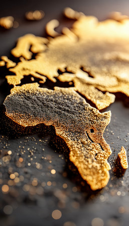 Intricate gold relief of South American continent on a dark background with shimmering particles, evoking luxury and geographical elegance for designの写真素材