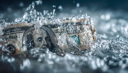 A crisp hundred-dollar bill being carefully rolled into a splash of water, capturing dynamic motion...