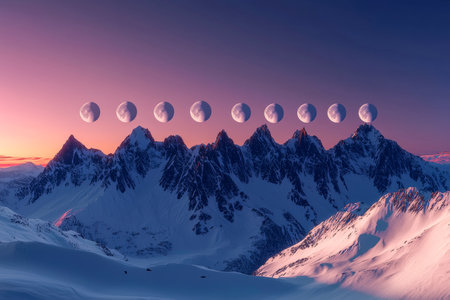 A breathtaking alpine landscape bathed in twilight, featuring icy peaks and a celestial lunar phases chart shimmering in vibrant pink and purple tonesの写真素材
