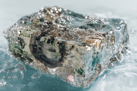 A wrinkled banknote shape floats beneath a water surface, surrounded by rising bubbles and gentle ripples, evoking themes of finance and serenity.の写真素材