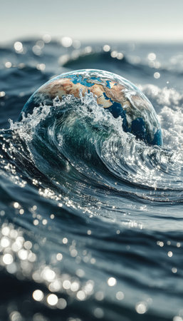 A dynamic image blending a realistic globe with turbulent ocean waves, illuminated by shimmering sunlight reflections, evoking environmental harmony aの写真素材