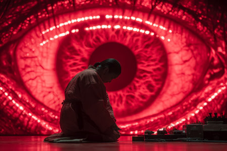 A person crouches introspectively before a vivid, giant crimson eye digital art piece, evoking...