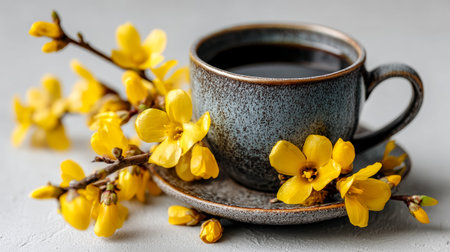 A cozy scene featuring a dark brew in a handmade ceramic mug, accented by lively yellow blossoms on a rustic, textured background.の写真素材