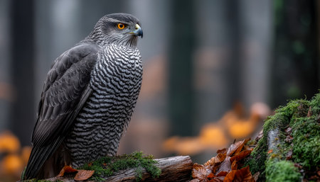 A commanding raptor with sharp eyes and feathered crest gazes fiercely amid vibrant fall foliage, clutching a mossy limb in autumn's embrace.の写真素材