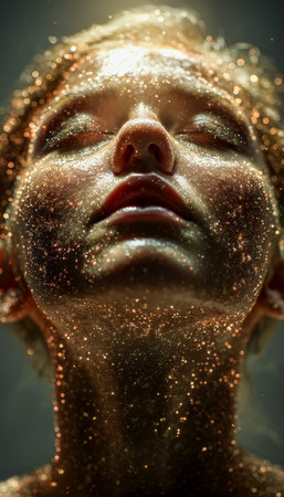 A dreamy portrait capturing a woman's radiant skin adorned with shimmering glitter, evoking an...