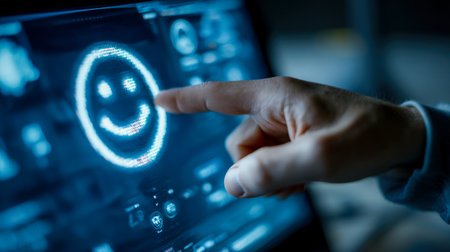 A human hand taps a glowing smiley face symbol on a sleek, high-tech transparent screen, evoking positive interaction with advanced digital systems.の写真素材