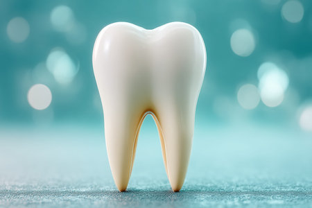A pristine, well-maintained molar rests on textured material, with a softly blurred backdrop...