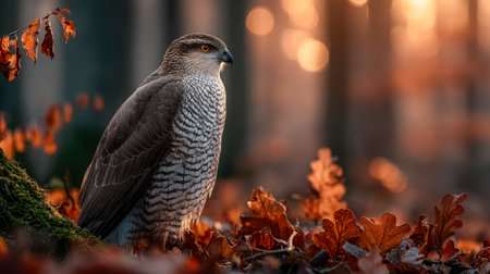 A proud hawk surveys a vibrant mosaic of fall foliage in gentle forest light, embodying grace and wilderness amidst a scenic woodland backdrop.の写真素材