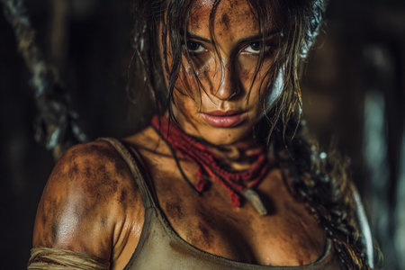 Intense close-up of a determined young woman with grime-streaked skin and wild hair, clad in rugged clothing, conveying resilience and survival grit.の写真素材